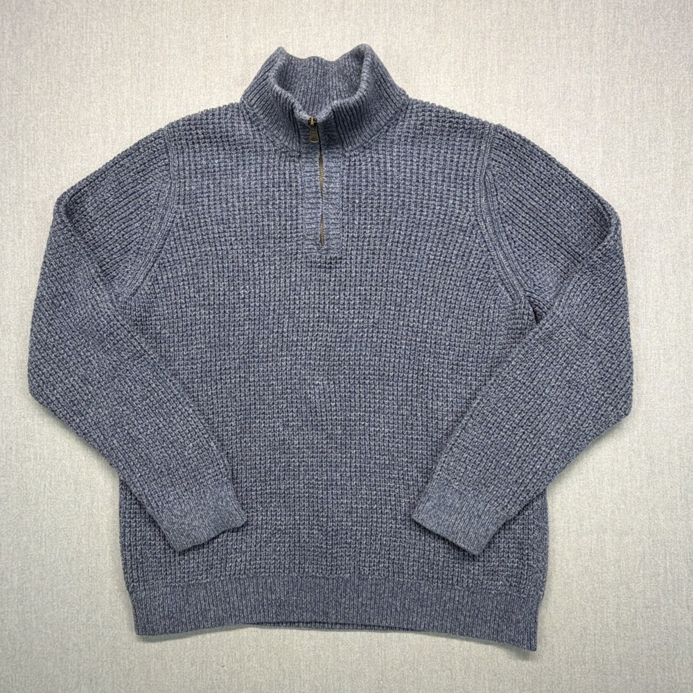 LL Bean Sweater Men's XL Blue Waffle‎ Knit Quarter Zip Organic Cotton